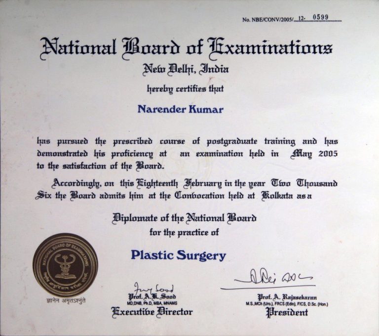 National Board of Examinations certificate for Dr. Narendra Kaushik’s DNB in Plastic Surgery