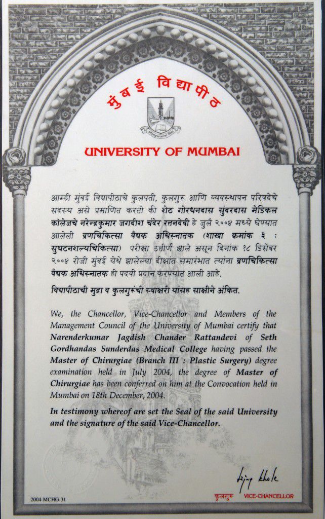 University of Mumbai certificate for Dr. Narendra Kaushik’s MCh qualification